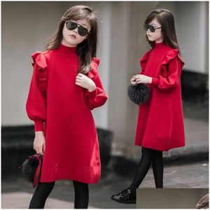 Girls Dresses Autumn Child Lace Kids Clothes Red Knitted Ruffles Teenager Long Sleeve Sweater 7 8 9 10 11 12 13 14 Years Drop Delivery Otipj