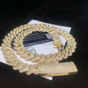 Factory Custom Hip Hop Iced Moussanite Sterling Silver S925 14k 18k Yellow 15mm Moissanite Diamond Cuban Chain Necklace