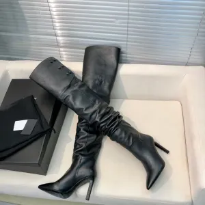 Diz boyu botlar üzerinde deri deri stiletto topuklar moda uyluk yüksek önyükleme düğmesi kapanma badem ayak parmakları lüks topuklu tasarımcılar kadın ayakkabı fabrika ayakkabıları