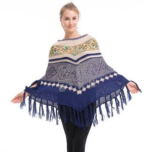 Eşarp saçaklı üçgen panço boho kadın şal çingene tığ işi sweater kapaklar retro moda kış tozu katlar peru pelerin sıcak sargılar 231204