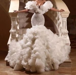 Роскошное свадебное платье русалки 2024 года с открытыми плечами и бусинами Свадебные платья больших размеров с оборками Очень пышные женские платья невесты Vestidos De Novia