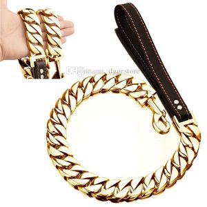 Chain Dog Leates Metal Chew Proof 14/19/32mm Corrente de trela para animais pesados com alça acolchoada de couro para cães pequenos médios grandes (comprimento total de 2,4 pés/3ft/4ft) B164 Gold B164