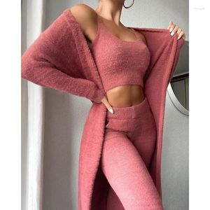 Pantaloni a due pezzi da donna Elegante cardigan a maniche lunghe Cappotto Crop Top Skinny Tuta Loungewear Peluche sexy 3 Set Homewear per le donne 2023