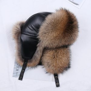 Trapper Hats Winter Men's 100% Real Silver Fur Bomber Hat Raccoon Fur Ushanka Cap Trapper Russian Man Ski Hats Caps Real Leather 231204