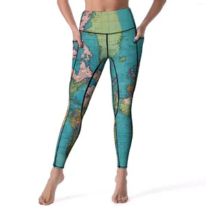 Kadın Tayt Vintage Harita Yazı Dünya 1897 Egzersiz Gym Yoga Pantolon Yukarı Push Leggins Elastik Tasarım Spor Tayt Doğum Günü Hediyesi