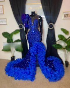 Glitter Royal Blue Beaded Long Prom Dress For Black Girls 2024 Slit Ruffles Birthday Party Dresses Mermaid Evening Gown