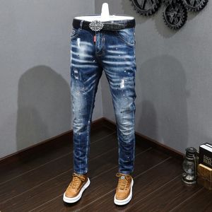 Mulheres Jeans Moda Designer Homens Retro Blue Stretch Slim Fit Pintado Rasgado Estilo Coreano Vintage Casual Denim Calças Hombre 231206