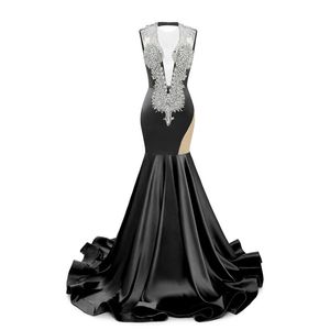 Vintage Seksi Siyah Deniz Kızı Prom Elbiseler Arapça Aso Ebi Gümüş Kristaller Dantel Aplike Vintage Resmi Gowns Mahkeme Tren Kadınlar İkinci Resepsiyon Gece Elbise