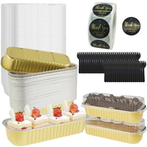 50Pcs Mini Cake Pans with Lids, Aluminum Foil Loaf Pans & Muffin Tins, Kitchen Baking Moulds Set with Spoons