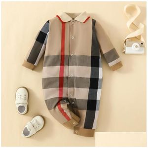 Rompers Spring Autumn Baby Brand Kids Long Sleeve Plaid Jumpsuits Toddler Turn-Down Collar Onesies Newborn Romper Infant Clothing Drop Dhej9