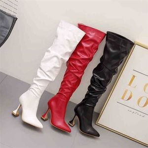 Boots Long Term Women Thin Heels Pointed Heads White High Knee Slim Legs Wine Cup Heel women 220901