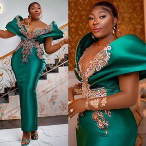 Emerald Green Aso Ebi Prom Elbiseler Denizkızı Uzun Kollu Dantel Rehinestonlar Gece Elbiseleri Afrika Arapça Yarışma Elbisesi Siyah Kadınlar İçin Doğum Günü Partisi Am092