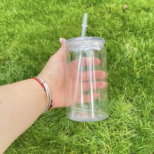 16oz acrylic libbey can cups clear plastic drinking tumblers with PP lid straw cola food drinks mason jars can for vinly student reusable cups