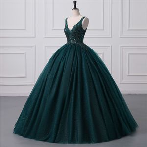 Зеленое блестящее темное тюлевое платье Quinceanera с блестками и блестками, сексуальное бальное платье с открытой спиной и V-образным вырезом, вечерние платья для выпускного вечера с корсетом сзади BM S