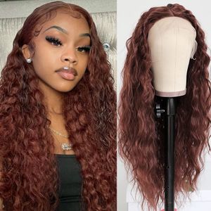 Brazilian Synthetic Lace Frontal Wigs for Black Women Brown Hair Glueless Long Loose Curly Wave Heat Resistant Fiber Pre Plucked Natural Wig With Baby Hair 24 Inch