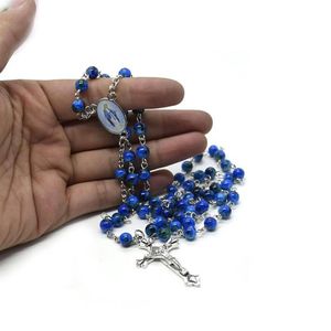 Collane con ciondolo Cattolico Cristiano Blu Navy Perline di cristallo Vergine Maria INRI Crocifisso Croce Collana con rosario Battesimo religioso Jew241e