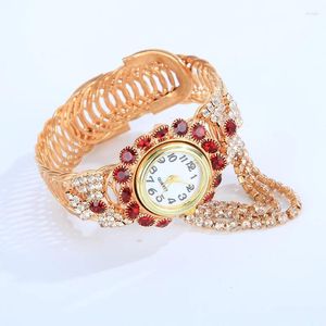 Наручные часы UTHAI CQ209, модные кварцевые часы с бриллиантами и рубинами, женские декоративные, универсальный эластичный золотой весенний браслет