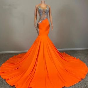 Sexy See Through Orange Prom Dresses For African Women Sheer Neck Sequin Black Girls Mermaid Evening Gowns Vestidos De Fiesta