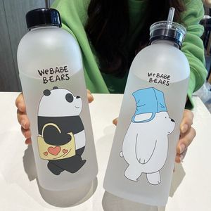 New 1000ml Cutest Water Bottle Panda Bear Frosted Glasses with Lid and Straw Cartoon Bottle Leak-proof Drinks Protein Shaker