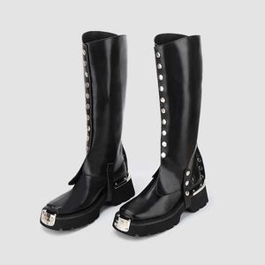 Fashion One Shoes Two Wear Long Boots Women Knee Thick Bottom Metallic Knight Boots Button Design Splicing Square Toe Thigh High Boots 121823a