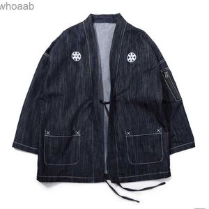 Erkek ceketleri Japonya tarzı erkekler ince denim kimono ceket standı yaka üç çeyrek kollu Sakura nakış kollu cep yq231207