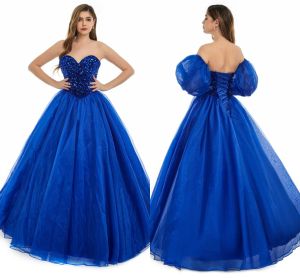 Seksi sırtsız kraliyet mavisi bir çizgi balo elbiseleri 2024 yeni payetler boncuklar tatlım korse arka akşam quinceanera elbise ile şair kollu bm3503 127