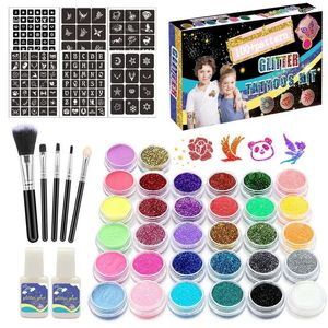 Geçici Dövmeler Glitter Dövme Kitleri Şablonlar Flash Fırçalarla Geçici Dövme Kitleri Çocuklar Yetişkin Yüz Beslenme Sanat Aracı Set Noel Hediyesi 231207