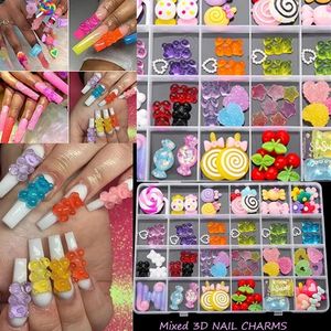 Tırnak Sanat Dekorasyonları 20pcs Kawaii Reçine Rhinestones Charms Tırnak Sanat Dekorasyonları 3D Flowderbear Karikatür Tasarım Tırnak Süs Aksesuarları DIY Malzemeleri 231207