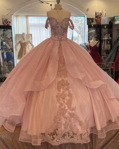 Sparkly Pink Princess Quinceanera Dresses Off Shoulder Ball Gown Appliques Crystals Beads Lace Sweet 15th Dress Prom Gowns