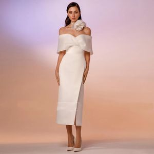 2024 Kısa Gelinlik Beyaz Saten Omuzdan Kapalı Sütun Gelin Parti Eldivenleri Kadın Çay Uzunluğu Gelin Konuk Elbiseleri Vestidos De Noiva