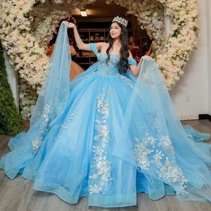 Sky Blue Princess Quinceanera Dresses Ball Gown 2024 Floral Applique Beading Crystals Pearls Birthday Party Gown Sweet 16 Dress