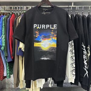 Yeni Purple Marka T-Shirt Yuvarlak Boyun Mektubu Baskı Yüksek Ağırlık Katı Erkek Tişörtleri