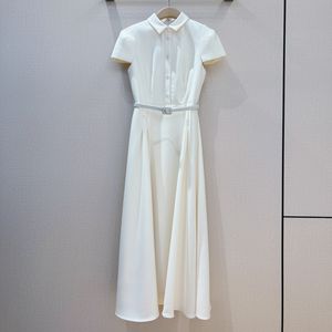 European fashion brand short sleeved lapel nec kgathered waist midi dress