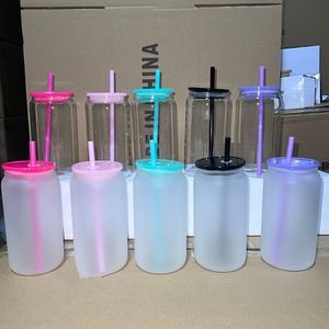 16oz sublimation glass tumbler with colored plastic lid straws blank clear frosted cups glass mason jar libby can cooler cola beer food cans 5 colors