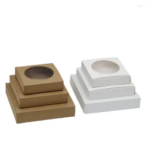Подарочная упаковка, 100 шт./лот, коробка для торта из крафт-бумаги с круглым окном, белый картон, простые упаковочные коробки для выпечки