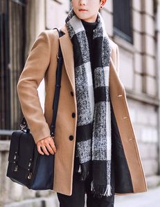 Springrain Erkekler Yün Karışımı Bezelye Katlı Çentikli Yaka Tek Kesin Palto Paltalı Sıcak Kış Trençkotu