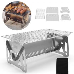 Ferramentas para churrasco Acessórios Portátil Dobrável Churrasqueira Fogões de Aquecimento Multifuncional Camping Rack Net Lenha Fogão Aço Inoxidável 231207