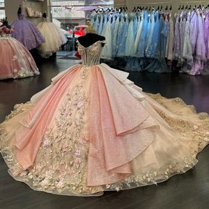 Шампанское Блестящие платья Quinceanera Бальное платье с открытыми плечами 3DЦветы Аппликация Кружевные бусы Sweet 16 Платье Знаменитости Вечерние платья Выпускной