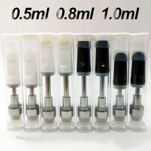 0.5ml atomizerler PVC Tüpler Ambalaj Vape Kartuşları 1.0ml 0.8ml Kalın Yağ Arabaları Cam Tanklar E-sigara Boş Vida Seramik Bobin Siyah Beyaz 510 İplik Atomizer