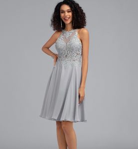 Yeni Tasarım Gümüş Kısa Homecoming Kokteyl Elbise Kadınlar 2024 A-line O-boyun kayışları Diz boyu Şifon Dantel Doğum Günü Partisi Yemeği Robe De Soiree