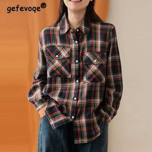 Kadınlar bluz gömlekleri yeni sonbahar kış vintage ekose baskı düğmesi gömlek kadınlar için gömlek Kore