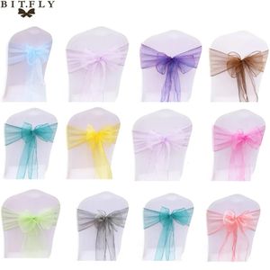 Kanatlar 25pcs/set şeffaf organza Tull Kumaş Sandalye Kapak Kanat Yay Sashes Düğün Partisi Dekorasyonu Düğün Tedarikçisi 231208