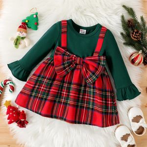 Kızlar Elbise Patpat Bebek Kız Solid Longsleeve Eklenmiş Kırmızı Ekose Yay Ön Elbise Geziler ve Günlük Giyim Temel Stil Noel 231208