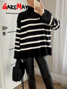 Women's Knits Tees Turtleneck Women's Striped Sweater Black and White Thick Warm Winter Jumper Female Vintage Gray Green Knitted Sweaters for Women 231208