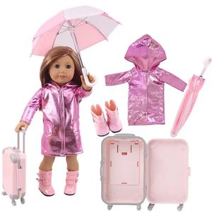 Puppen 4 Stück = Regenmantel, Regenschirm, Regenstiefel, Koffer für 18 Zoll amerikanische Puppe, 43 cm, Reborn-Babypuppen-Zubehör, Generation Mädchen, DIY-Spielzeug, 231208