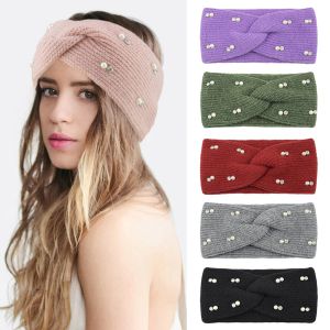 Perle Strass Gestrickte Stirnband Breite Häkeln Stricken Kreuz Elastische Haarband Haar Zubehör Winter Kopfbedeckung Haarband DIY