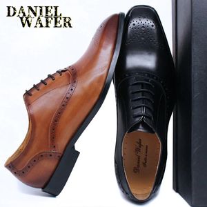 Oxford Leather 743 Black Genuine Mens Brown Classic Brogue Lace Up Dress Wedding Office Business Men Shoes Sapatos 231208 683