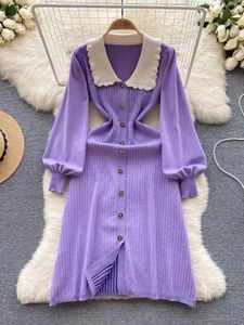 Yaz Zarif Günlük Elbiseler Yeni Sonbahar Kış Zarif Uzun Fener Kollu Sweater Elbise Kadın Yakası Tek Göğüslü Örme Parti Midi Vestidos 2024