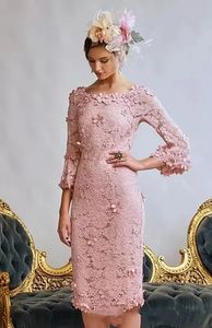Zarif Kılıf Dantel Gelin Elbiselerinin Annesi 3D Çiçek Aplikleri 2024 İlkbahar Yaz Çay Uzunluğu Pembe Düğün Konuk Elbise Kadınlar İçin Resmi Fırsat Elbisesi