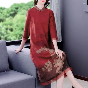 Sıradan Elbiseler 2023 Moda Baskılı İpek Elbise Sonbahar Çok Yönlü Diz Uzunluğu Çin Gevşek Fit Parti Vestidos